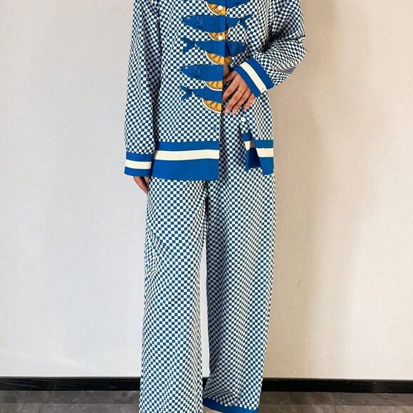 Blue & White Casual Women's Beach Oversized Plaid Long-Sleeved Shirt & Trousers - Picture 4 of 5